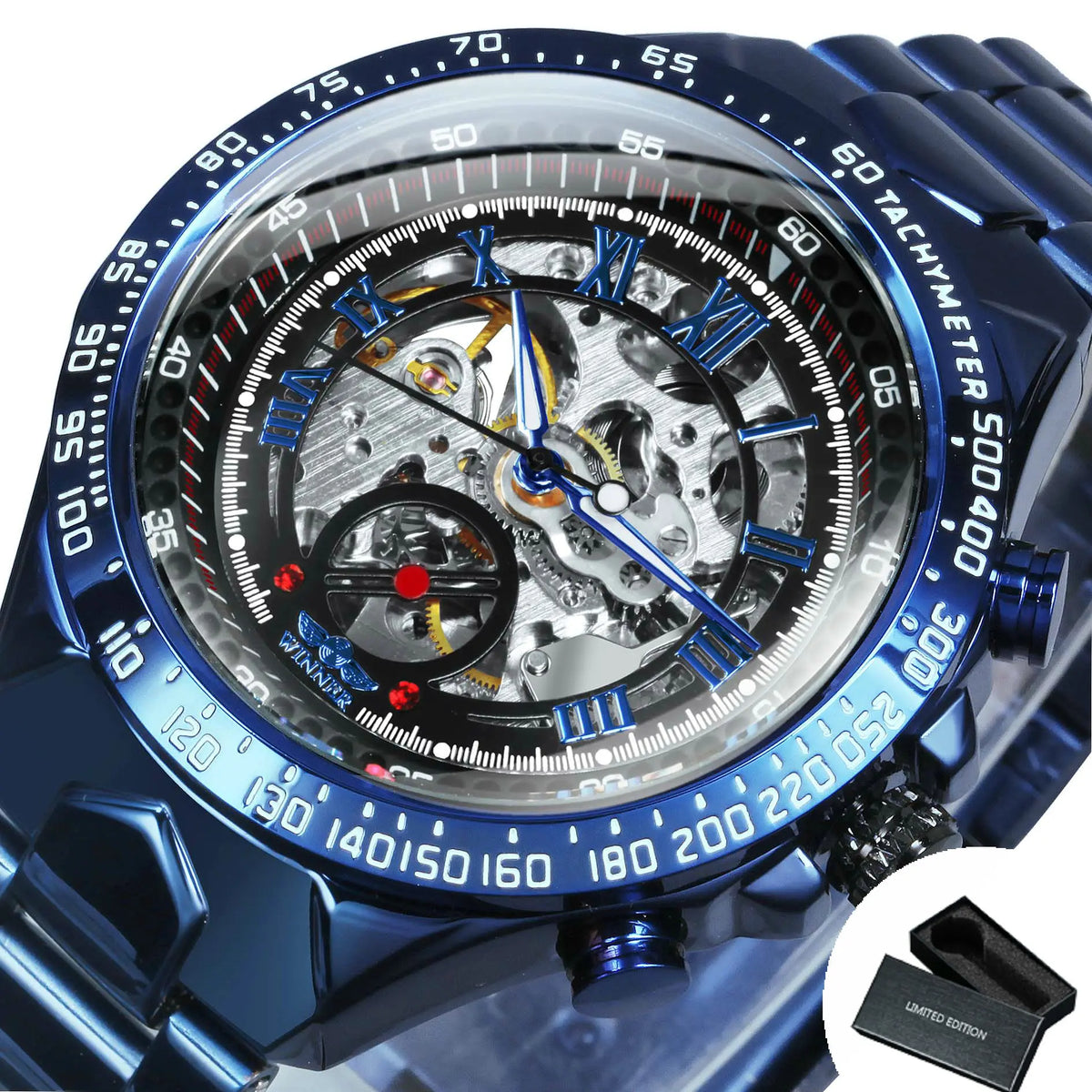 Automatikuhr für Herren WINNER – Transparentes Skelettmodell, leuchtende Zeiger, Edelstahlarmband, mechanische Uhr einer Luxusmarke