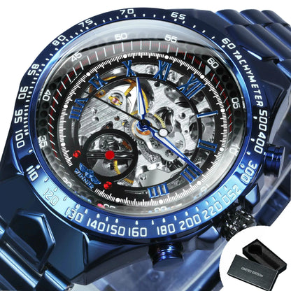 Automatikuhr für Herren WINNER – Transparentes Skelettmodell, leuchtende Zeiger, Edelstahlarmband, mechanische Uhr einer Luxusmarke