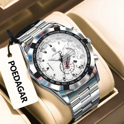 Orologio da uomo di lusso POEDAGAR, impermeabile, luminescente, con datario, sportivo, cinturino in acciaio inossidabile, movimento al quarzo.