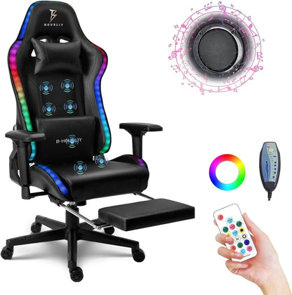 Massage Gaming Chair with Speakers and RGB LED Lights Ergonomic Computer Gaming Chair with Lumbar Support Swivel & Adjustable