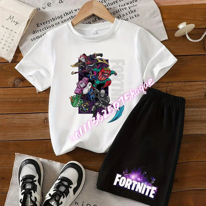 Sommer-Fortnite-T-Shirt und Shorts für Jungen und Mädchen, 2-teiliges Kinder-Set mit Oberteil und Hose, Fortress-Night-Print, Geschenk