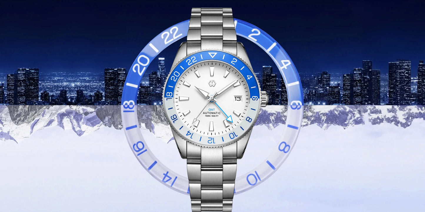 WISHDOIT New NH34 Men's Sports Automatic Mechanical GMT Sapphire Stainless Steel Waterproof 15 ATM With Rubber Strap