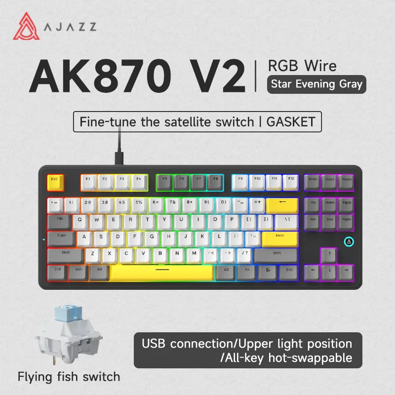 Ajazz AK870 V2 Gaming Mechanical Keyboard is a Hot-Swappable RGB Wired Gaming Keyboard Suitable for Various Scenarios on Laptops