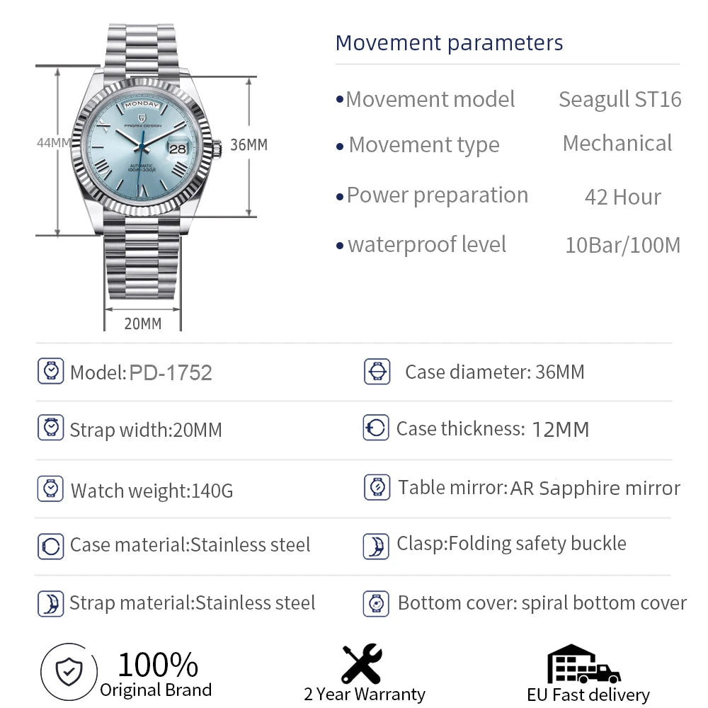 PAGANI DESIGN Men's Watches Green Luxury Automatic Watch For Men ST16 Mechancial Wrist watch Men For 2025 New Stainless steel