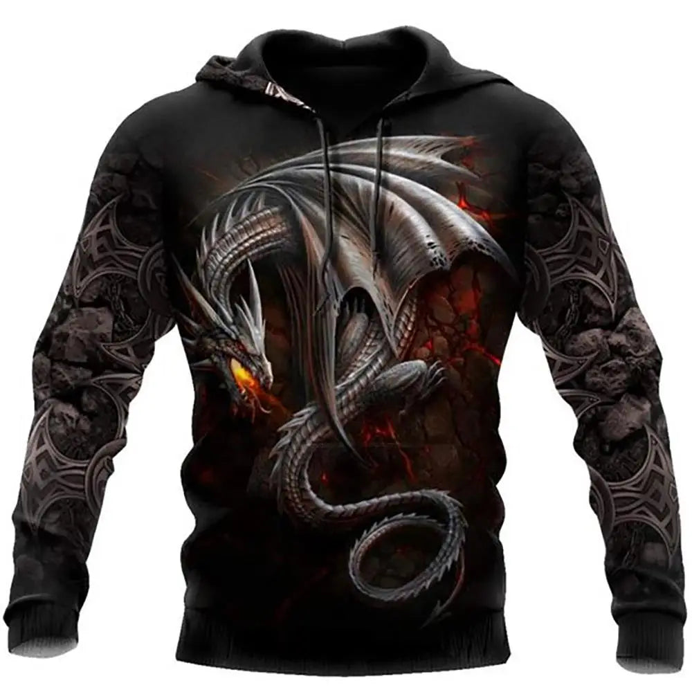 Sudadera con capucha unisex para hombre, manga larga otoño-invierno, estampado 3D de dragón estilo tatuaje, streetwear casual tipo pulóver en conjunto deportivo