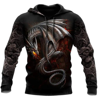 Sudadera con capucha unisex para hombre, manga larga otoño-invierno, estampado 3D de dragón estilo tatuaje, streetwear casual tipo pulóver en conjunto deportivo