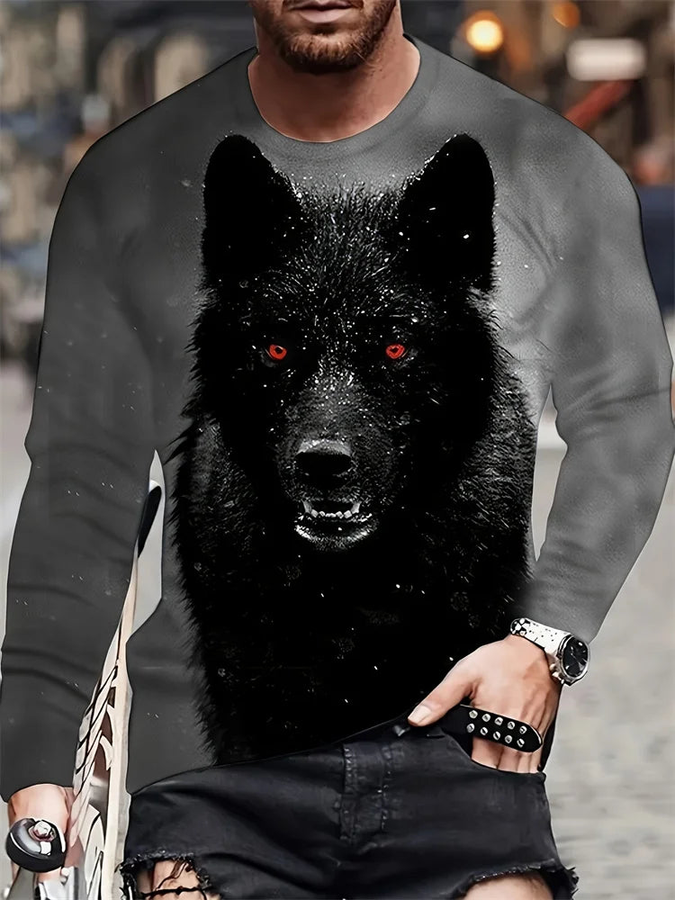 2024 New Wolf Print Men's Long Sleeve T-shirt Spring and Autumn Daily Casual Street Fashion Men's Long Sleeve T-shirt