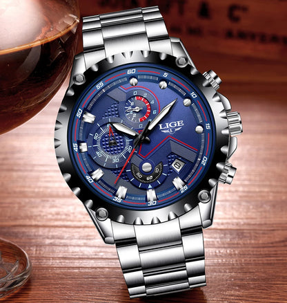 LIGE Herrenuhr – Trendige Quarzuhr, Luxusmarke, komplett aus Edelstahl, professioneller Stil, wasserdicht und sportlich – Lieferung inklusive Box