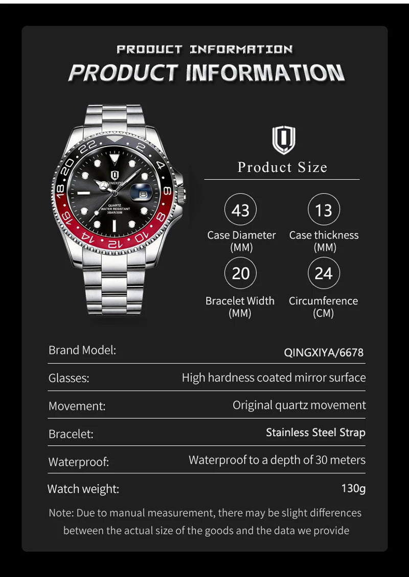 QINGXIYA Montres de luxe à quartz pour homme en acier inoxydable, étanches, avec date luminescente, montre-bracelet pour homme, reloj hombre