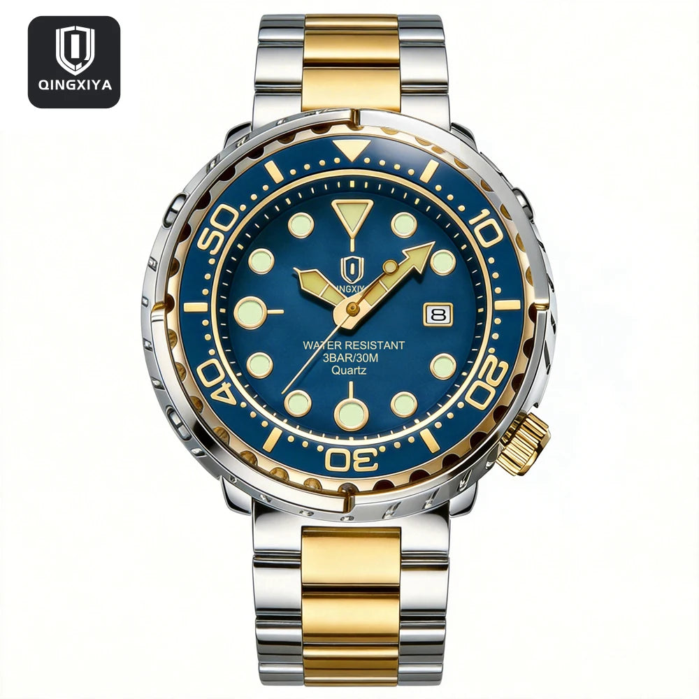 Montres pour homme QINGXIYA : montres de luxe à quartz pour homme, tendance, étanches, luminescentes, avec date et cadran rotatif, en acier inoxydable