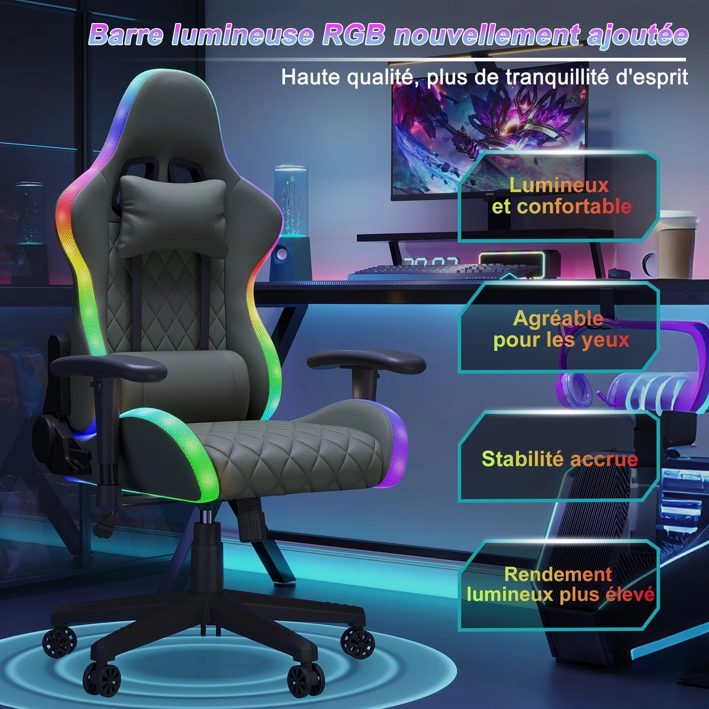 Ergonomic office chair with lumbar massage,LED RGB ambient lighting, and reclining backrest,  for home offices