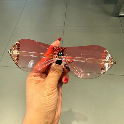 Luxuriöse Y2K-Sonnenbrille für Damen ohne Rahmen mit Strassbuchstaben – Designer-Sonnenbrille für den Außenbereich, UV400-Schutz