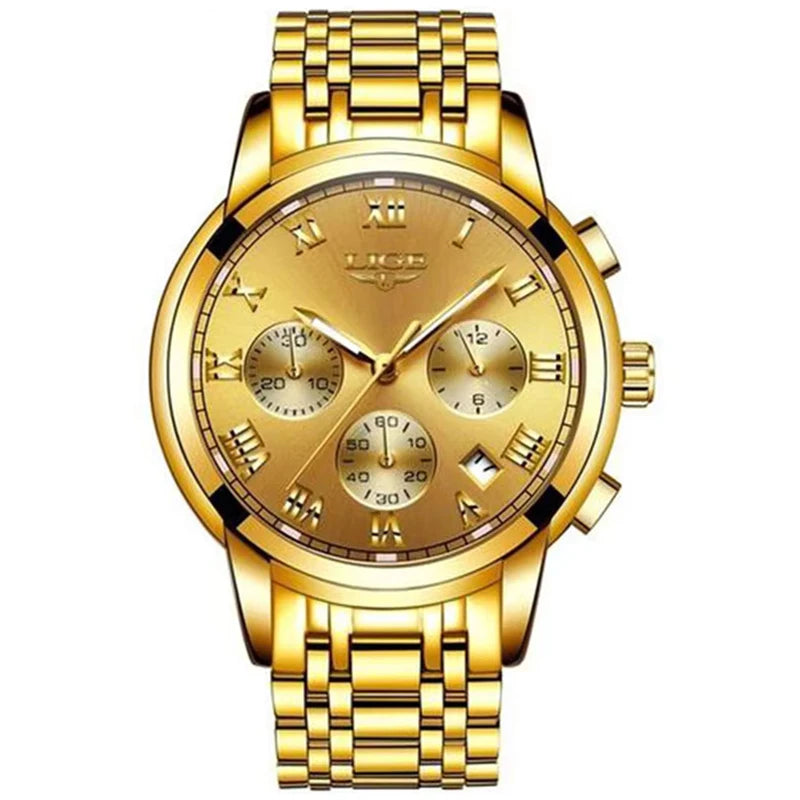 Orologio da uomo LIGE – Cronografo di lusso, stile sportivo casual, impermeabile, interamente in acciaio, movimento al quarzo