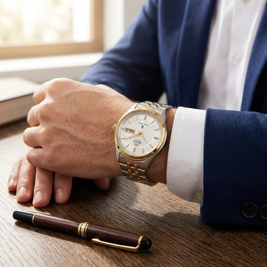 Orologio meccanico automatico da uomo Orient, con doppio calendario (data e giorno della settimana), indici in cristallo e bracciale in acciaio inossidabile – Orologio da polso dallo stile professionale