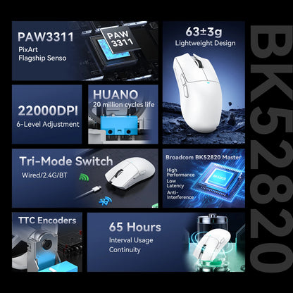 ATTACK SHARK X11 SE Wireless Gaming Mouse 22000 DPI,PixArt PAW3311 Sensor,BT/2.4G/Wired,59g Lightweight,2000W Clicks