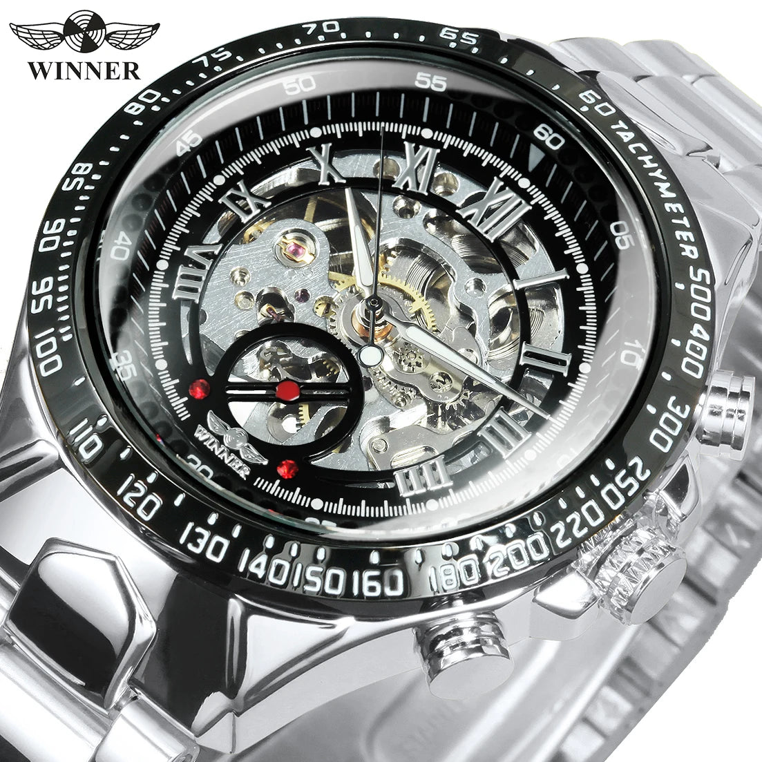 Automatikuhr für Herren WINNER – Transparentes Skelettmodell, leuchtende Zeiger, Edelstahlarmband, mechanische Uhr einer Luxusmarke