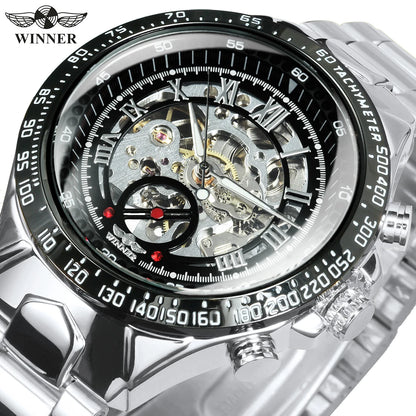 Automatikuhr für Herren WINNER – Transparentes Skelettmodell, leuchtende Zeiger, Edelstahlarmband, mechanische Uhr einer Luxusmarke