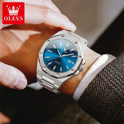 Montres OLEVS pour homme : montre de luxe classique à quartz, argentée et bleue, étanche, en acier inoxydable, luminescente, Reloj Hombre