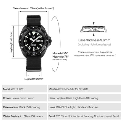 Watchdives WD1980 V3 Quartz Watch 100m Waterproof BGW9 Luminous Nylon Strap Watch Sapphire VH31 Movement Men Watch with Gift Box
