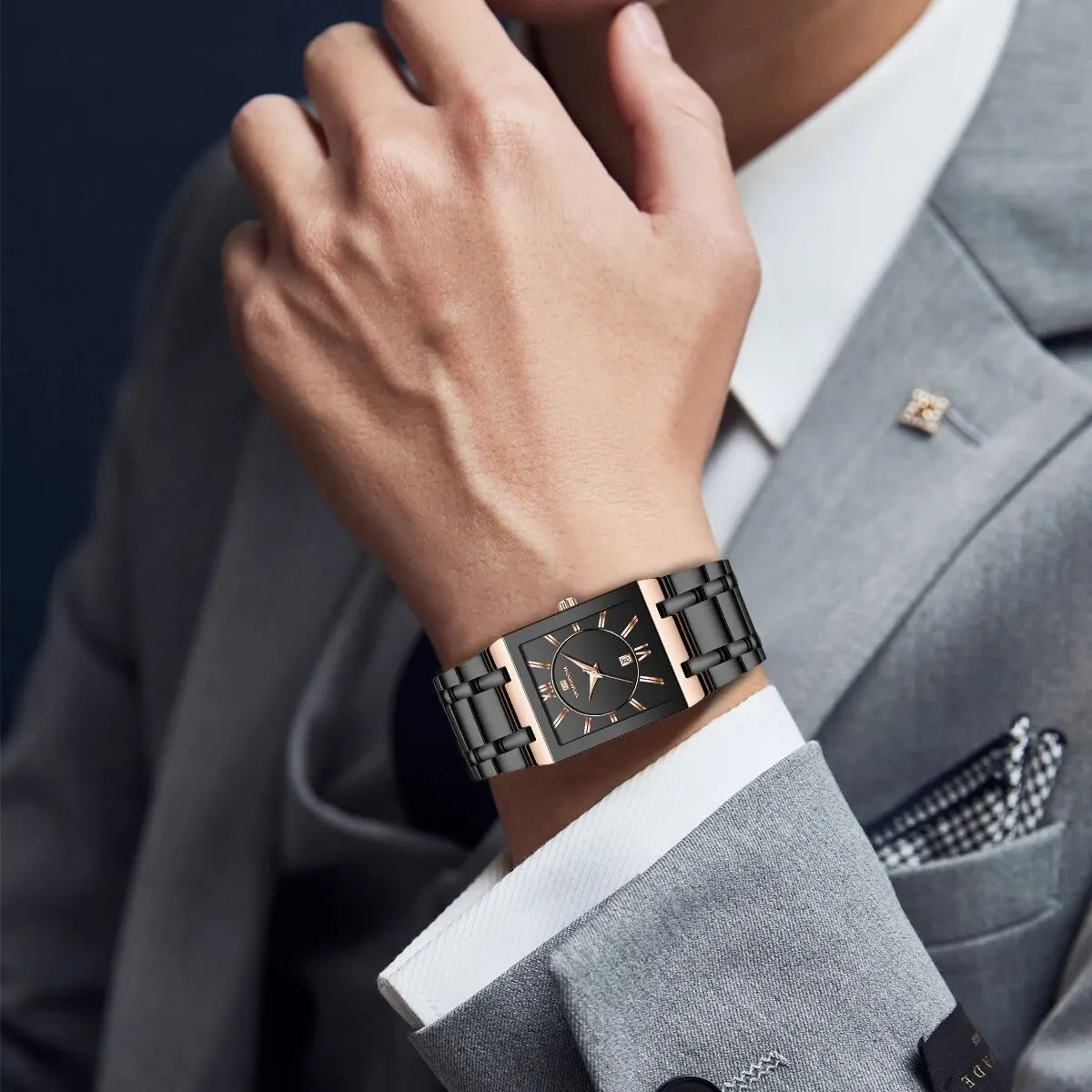 Herenzakelijk horloge, eenvoudig ontwerp, luxe mode, rechthoekig, zwart-goud, roestvrij staal, kalender, waterdicht, quartz, herenhorloges