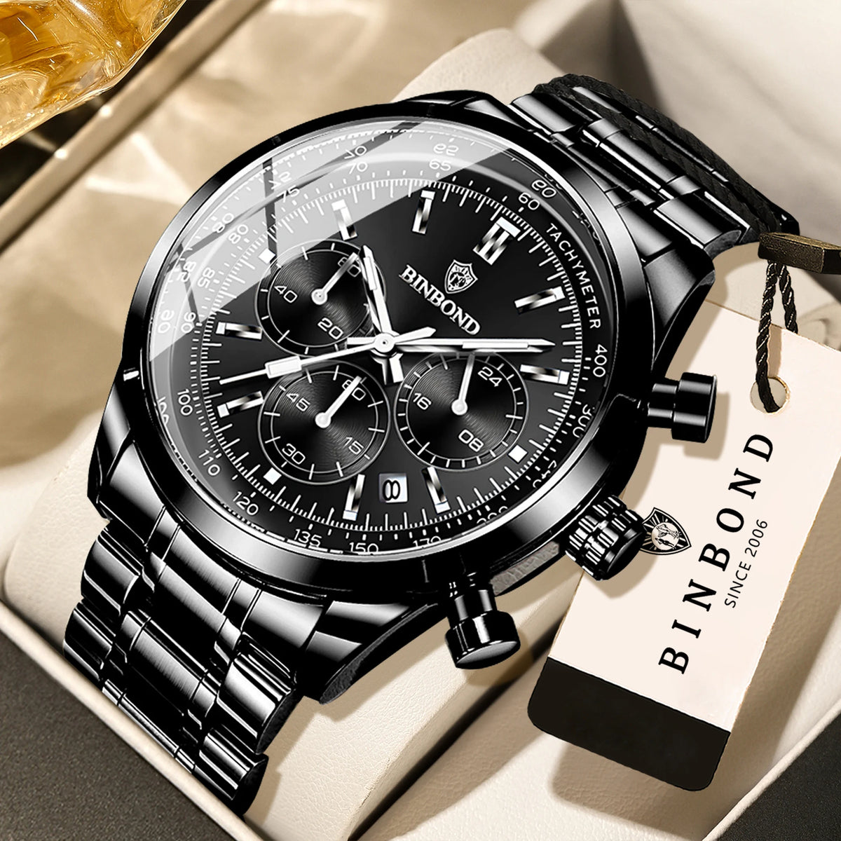 Orologio al quarzo BINBOND da uomo, elegante, robusto e preciso, con data automatica, cronografo, luminescente e impermeabile. Stile casual.