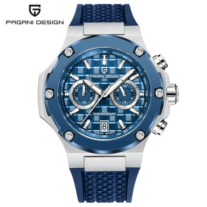 Orologio da uomo PAGANI DESIGN – Cronografo sportivo di lusso in oro rosa, dotato di un movimento al quarzo giapponese VK64 e di un cinturino in gomma fluorurata.