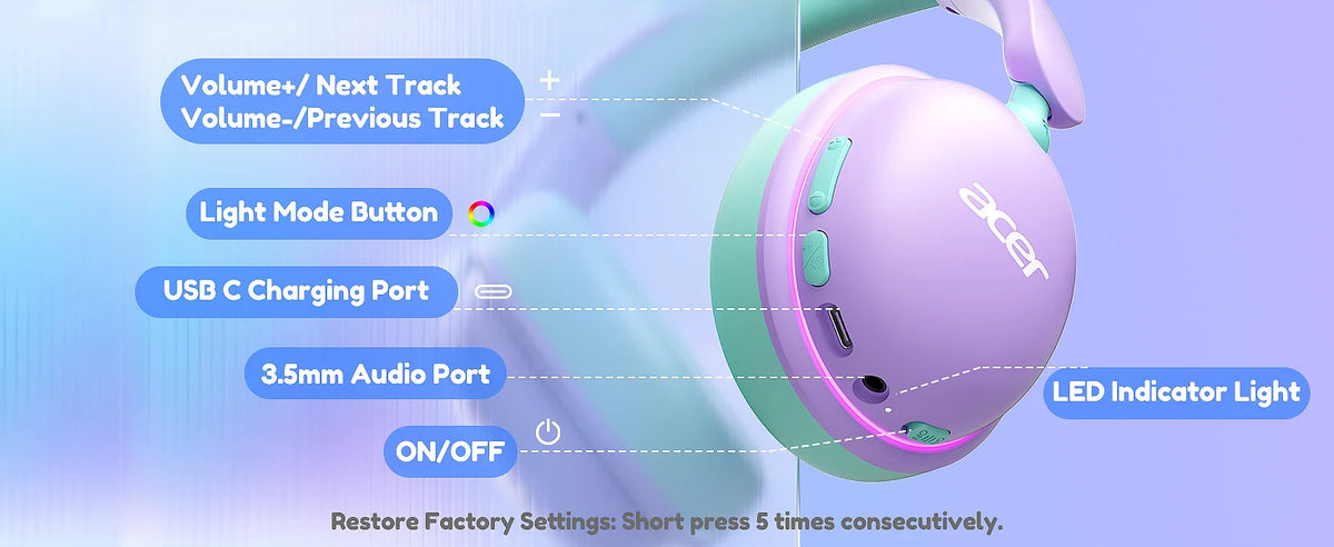 Casque Bluetooth 6.0 pour enfants Acer OHR727 avec lumières LED, conception confortable circumaurale, volume sécurisé de 85 dB, autonomie de 110 heures, microphone intégré