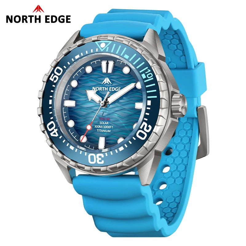 NORTH EDGE NEW+ TRITON-TI Titanium Solar-Powered Diving Watch Luxury Quartz Watches for Men 300M Waterproof 180+ Day Power