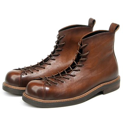 KOWM Cowhide Hiking Shoes Men's Walking Boot British Trekking Shoes Thick-Soled Cowhide High-Top Motorcycle Boots Ankle Sneakers