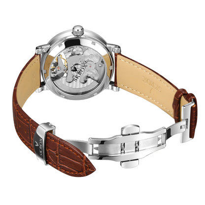 Orologio da polso meccanico automatico SKROX da uomo, modello scheletrato con funzione GMT, fasi lunari e tourbillon – Orologio di lusso di alta gamma, elegante e originale.