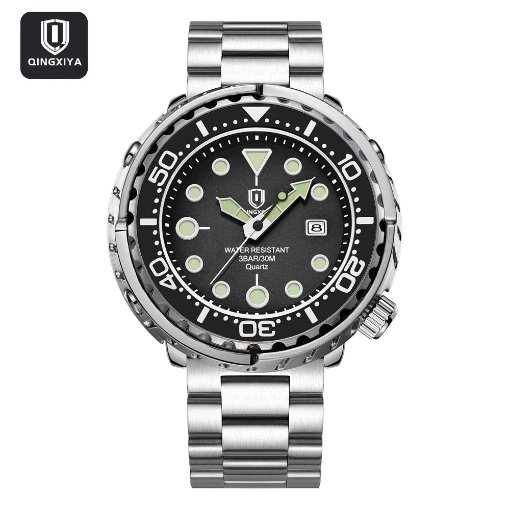 Montres pour homme QINGXIYA : montres de luxe à quartz pour homme, tendance, étanches, luminescentes, avec date et cadran rotatif, en acier inoxydable