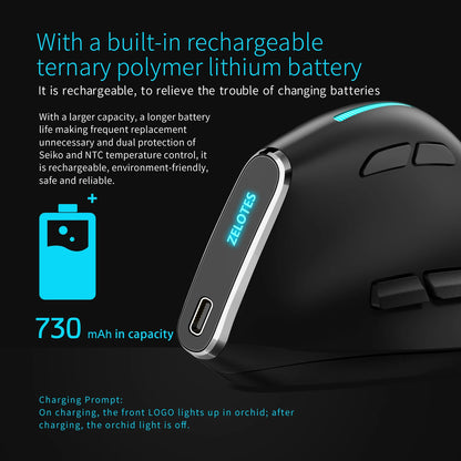 ZELOTES F36 Vertical Wireless Mouse Bluetooth Ergonomic Mice Rechargeable Programmable Gaming Mouse 2.4G 2400DPI for Laptop PC