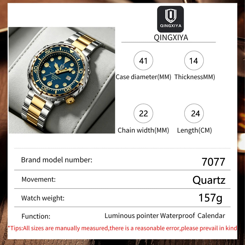 Montres pour homme QINGXIYA : montres de luxe à quartz pour homme, tendance, étanches, luminescentes, avec date et cadran rotatif, en acier inoxydable