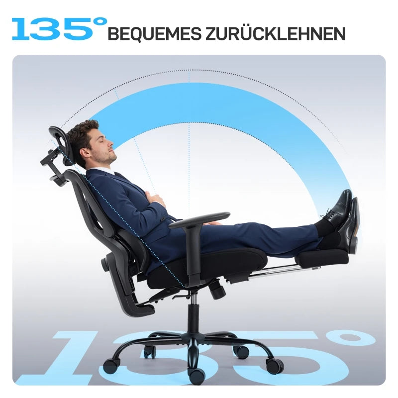 Ergonomic office chair with wheels, mesh fabric, lumbar support, adjustable armrests, and headrest.