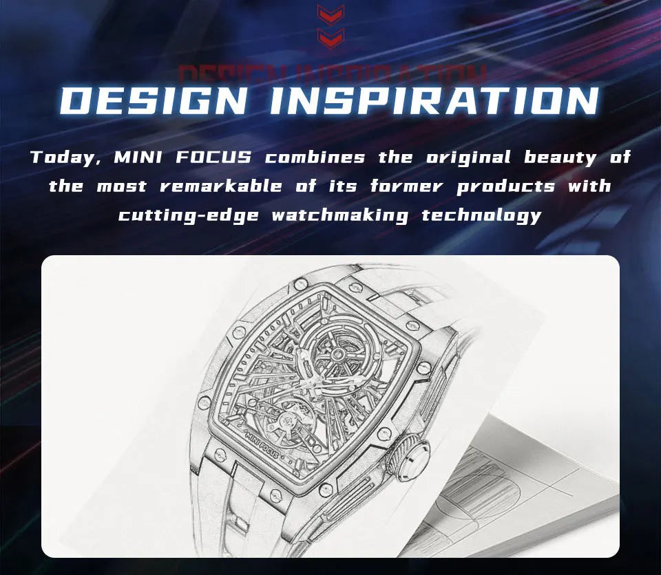 Reloj de pulsera MINI FOCUS para hombre, negro, a la moda, resistente al agua, mecánico automático, con manecillas luminosas, correa de silicona y esfera tonneau