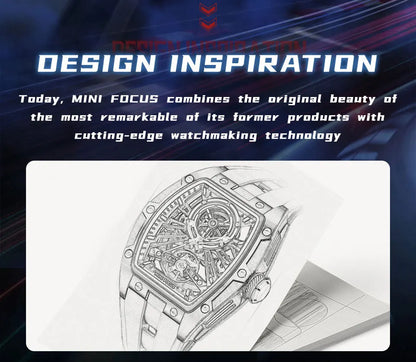 Reloj de pulsera MINI FOCUS para hombre, negro, a la moda, resistente al agua, mecánico automático, con manecillas luminosas, correa de silicona y esfera tonneau