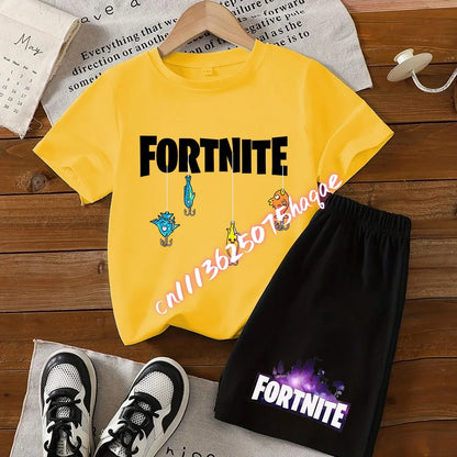 Sommer-Fortnite-T-Shirt und Shorts für Jungen und Mädchen, 2-teiliges Kinder-Set mit Oberteil und Hose, Fortress-Night-Print, Geschenk