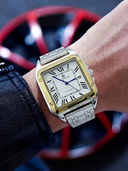 Montre carrée pour homme — Bracelet en acier inoxydable, affichage de la date