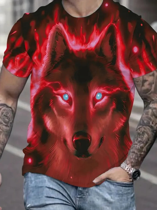 Men's 3D Pattern Fire Wolf Graphic Print T-Shirt Summer Oversized Casual T-Shirt Men's Fashion Fitness Short Sleeve Clothing Tops