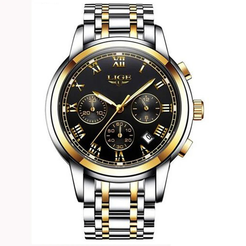 Orologio da uomo LIGE – Cronografo di lusso, stile sportivo casual, impermeabile, interamente in acciaio, movimento al quarzo