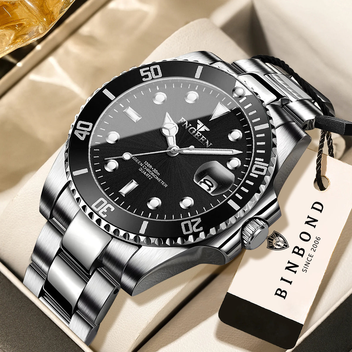 Orologio da polso al quarzo FNGEEN Son Brand di BINBOND con bracciale in acciaio inossidabile da uomo, luminescente e impermeabile, di lusso.