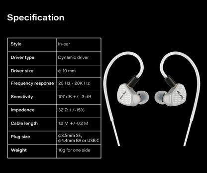 Angelears Kefine Klean SV 10mm DLC Diaphragm Dynamic Driver IEMs Hi-Fi In-ear Earphone with Nozzles and SPC Cable