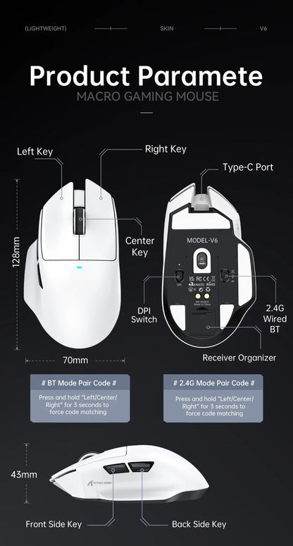 ATTACK SHARK V6  Wireless Gaming Superlight Mouse with RGB Magnetic Charging Dock,PAW3311 Sensor,Macro Gaming Mouse
