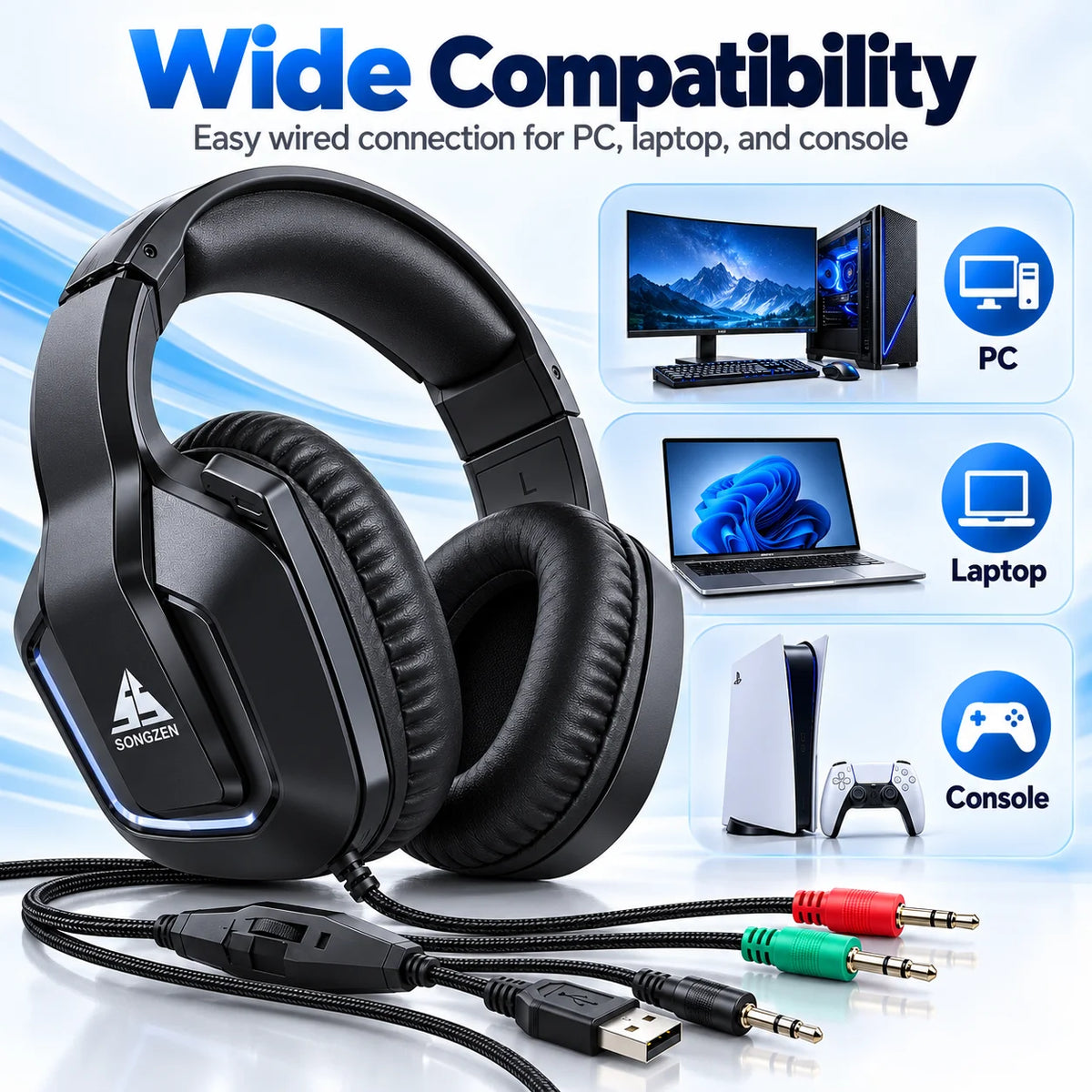 Casque de jeu D3, casque stéréo filaire à porter sur l’oreille, confortable, sans microphone, pour PC, ordinateur portable, écoute de musique et jeux.