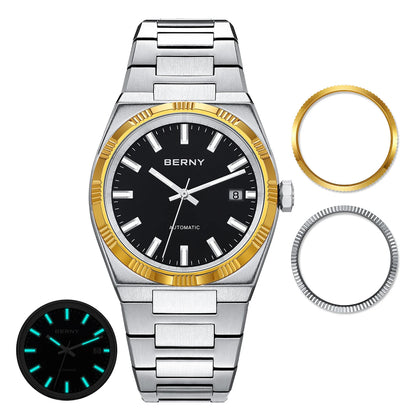 Orologio automatico da uomo BERNY, dorato, vetro zaffiro, lancette luminescenti, originale al 100%, dotato di movimento PT5000, rivestimento antiriflesso, modello di lusso con lunetta intercambiabile, impermeabile fino a 5 ATM.