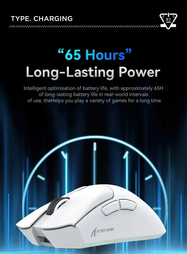 ATTACK SHARK R1 59g Ultra-light Mouse have PAW3311,18000DPI,400IPS,40G,1000Hz,Tri-Mode,Broadcom BK3633 Master,20 Million Times