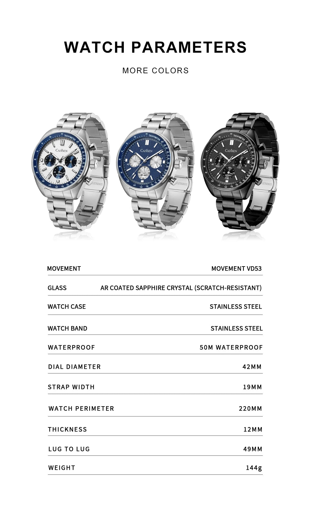 CADISEN 2024 New Men Watches Quartz Business Watches Japan VD53 Mens Clock Top Brand Luxury Watch Men Chronograph Watch for Men