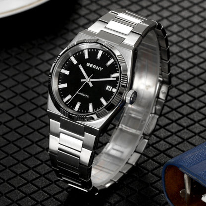 Orologio automatico da uomo BERNY, dorato, vetro zaffiro, lancette luminescenti, originale al 100%, dotato di movimento PT5000, rivestimento antiriflesso, modello di lusso con lunetta intercambiabile, impermeabile fino a 5 ATM.