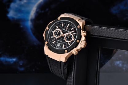 Orologio da uomo PAGANI DESIGN – Cronografo sportivo di lusso in oro rosa, dotato di un movimento al quarzo giapponese VK64 e di un cinturino in gomma fluorurata.
