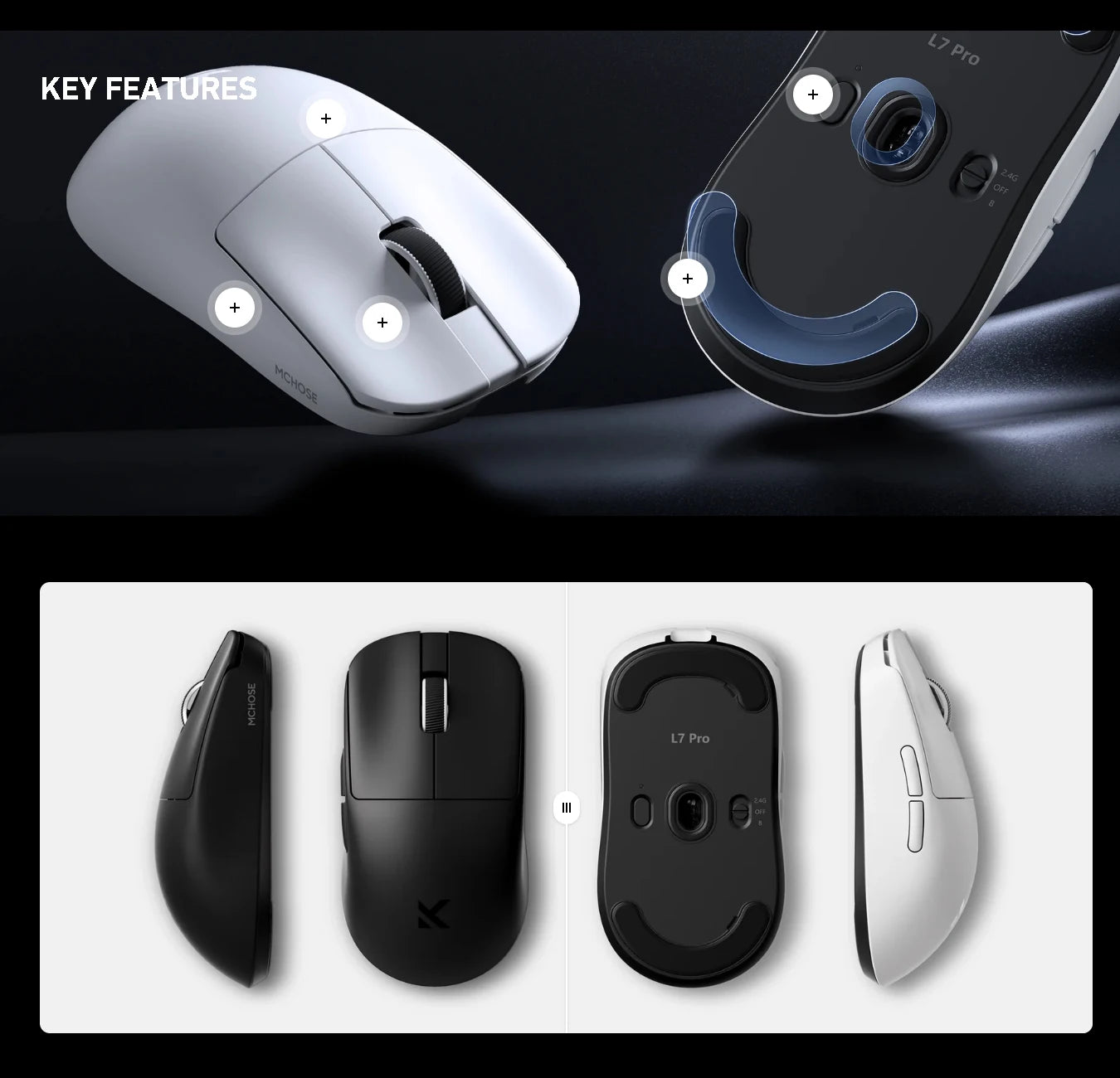 Official MCHOSE L7 Pro Wireless Gaming Mouse PAW3395 E-Sport Sensor Optical Switch TOPSPEED 8K Polling Rate 39g 250mAh Mice